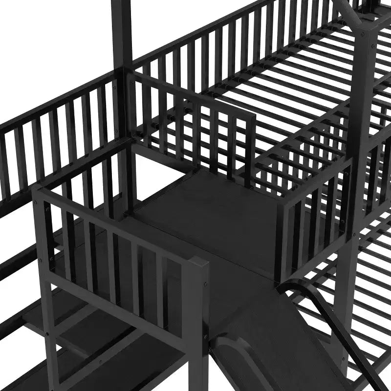 Lit superposé Bellemave House avec escalier de rangement et toboggan, cadre de lit superposé en métal avec rails de sécurité pour enfants et adolescents, noir