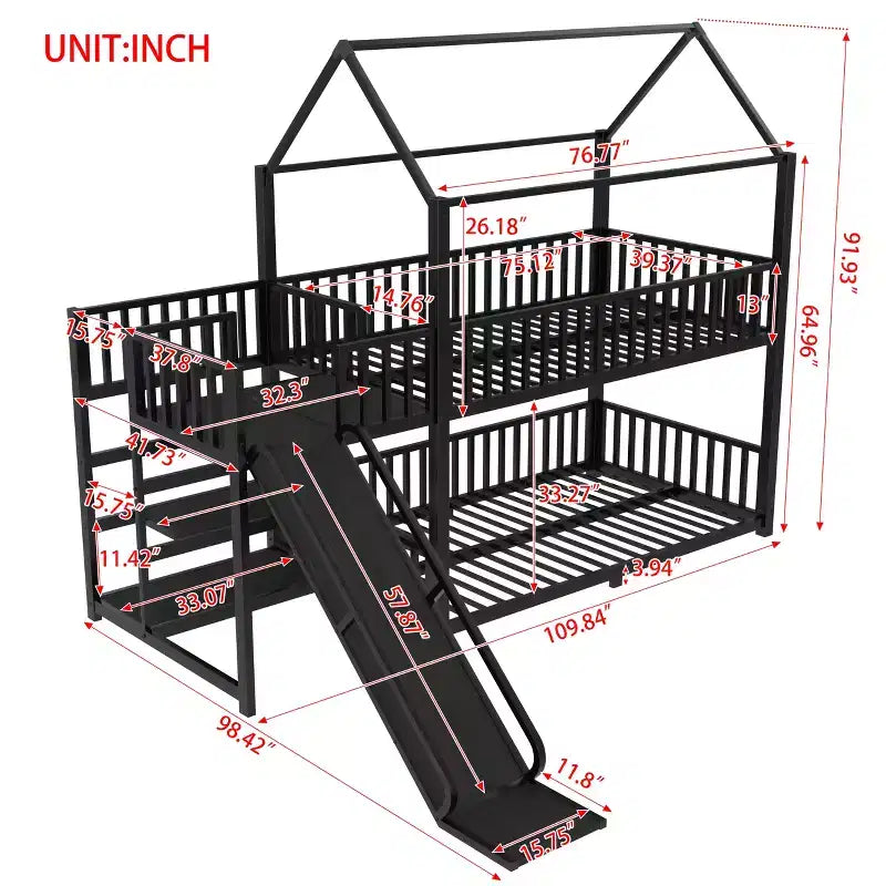 Lit superposé Bellemave House avec escalier de rangement et toboggan, cadre de lit superposé en métal avec rails de sécurité pour enfants et adolescents, noir