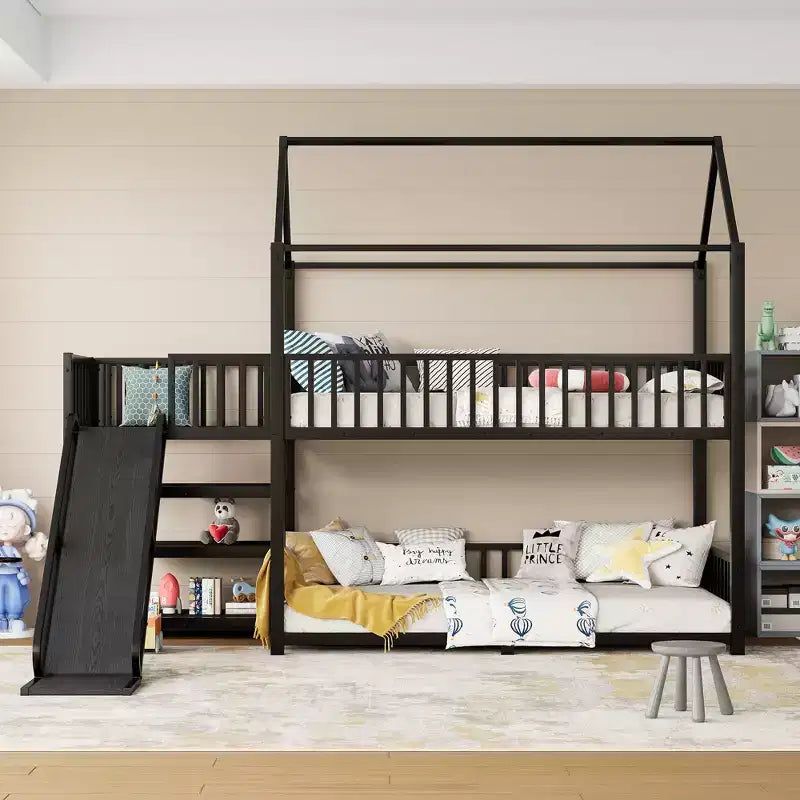 Lit superposé Bellemave House avec escalier de rangement et toboggan, cadre de lit superposé en métal avec rails de sécurité pour enfants et adolescents, noir