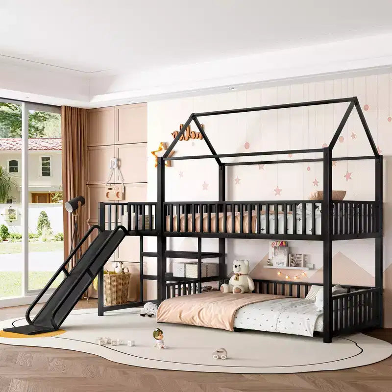 Lit superposé Bellemave House avec escalier de rangement et toboggan, cadre de lit superposé en métal avec rails de sécurité pour enfants et adolescents, noir