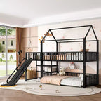 Lit superposé Bellemave House avec escalier de rangement et toboggan, cadre de lit superposé en métal avec rails de sécurité pour enfants et adolescents, noir