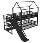 Lit superposé Bellemave House avec escalier de rangement et toboggan, cadre de lit superposé en métal avec rails de sécurité pour enfants et adolescents, noir