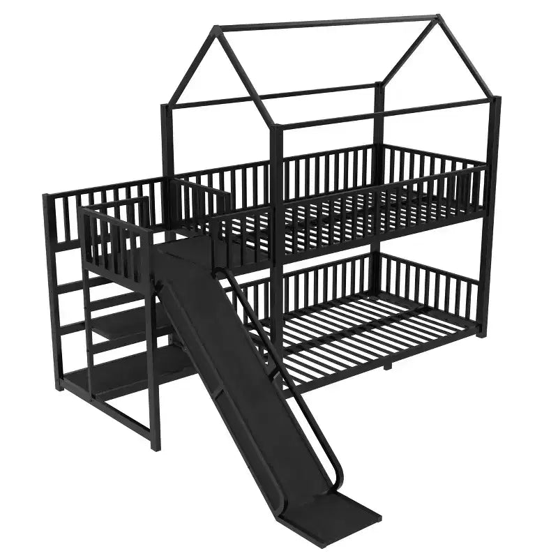 Lit superposé Bellemave House avec escalier de rangement et toboggan, cadre de lit superposé en métal avec rails de sécurité pour enfants et adolescents, noir