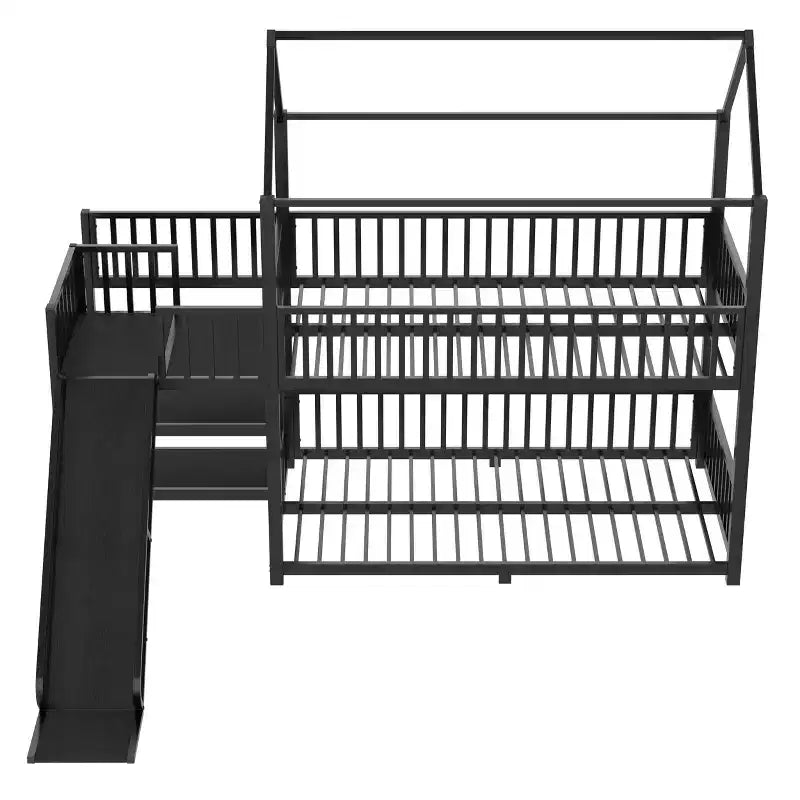 Lit superposé Bellemave House avec escalier de rangement et toboggan, cadre de lit superposé en métal avec rails de sécurité pour enfants et adolescents, noir