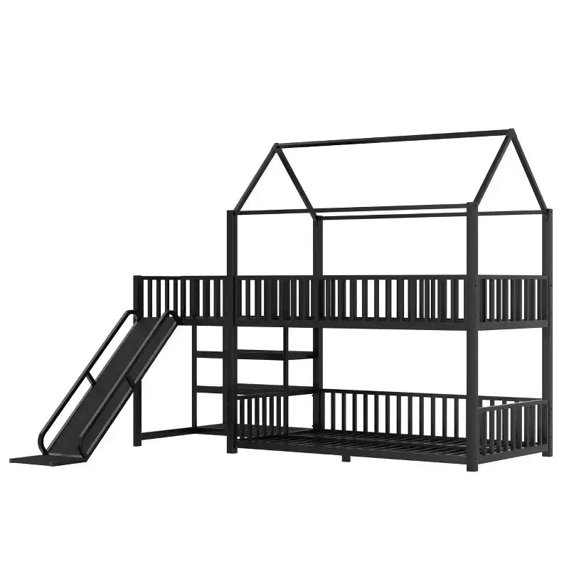Lit superposé Bellemave House avec escalier de rangement et toboggan, cadre de lit superposé en métal avec rails de sécurité pour enfants et adolescents, noir