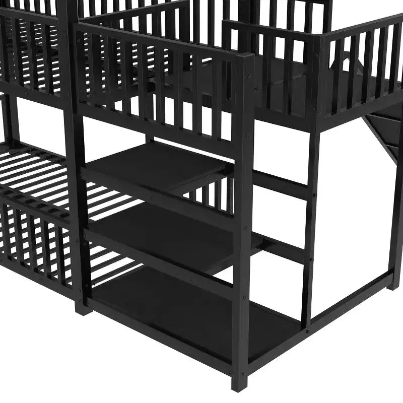 Lit superposé Bellemave House avec escalier de rangement et toboggan, cadre de lit superposé en métal avec rails de sécurité pour enfants et adolescents, noir