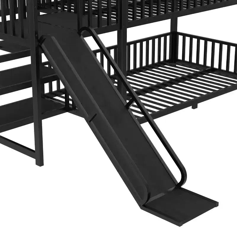 Lit superposé Bellemave House avec escalier de rangement et toboggan, cadre de lit superposé en métal avec rails de sécurité pour enfants et adolescents, noir