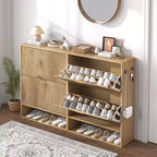 Acekool Slim Mid-Century Modern Shoe Cabinet, Flip Drawer Entryway Organizer with Adjustable Dividers and Hooks