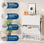 Acekool Slim Mid-Century Modern Shoe Cabinet, Flip Drawer Entryway Organizer with Adjustable Dividers and Hooks