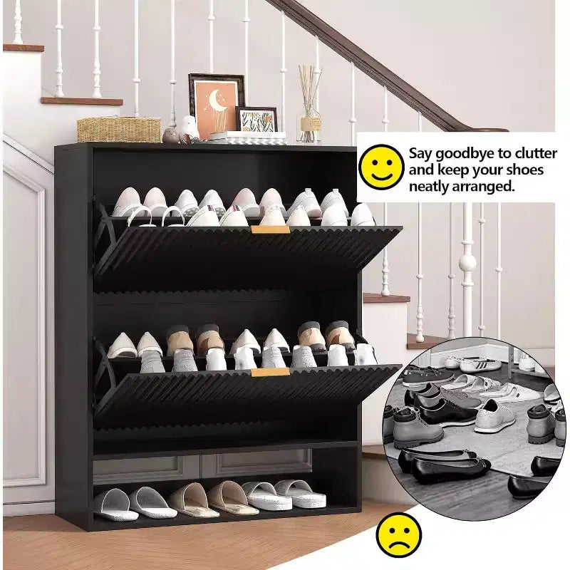 Acekool Slim Mid-Century Modern Shoe Cabinet, Flip Drawer Entryway Organizer with Adjustable Dividers and Hooks