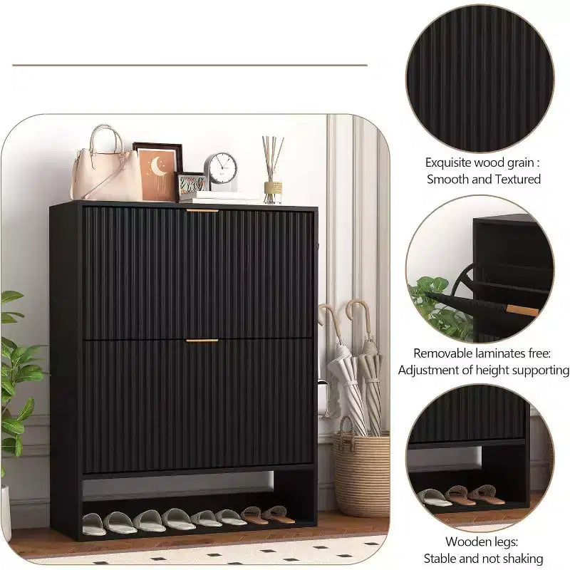 Acekool Slim Mid-Century Modern Shoe Cabinet, Flip Drawer Entryway Organizer with Adjustable Dividers and Hooks
