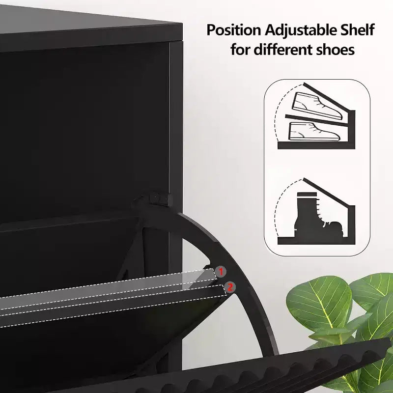 Acekool Slim Mid-Century Modern Shoe Cabinet, Flip Drawer Entryway Organizer with Adjustable Dividers and Hooks