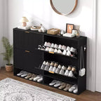 Acekool Slim Mid-Century Modern Shoe Cabinet, Flip Drawer Entryway Organizer with Adjustable Dividers and Hooks