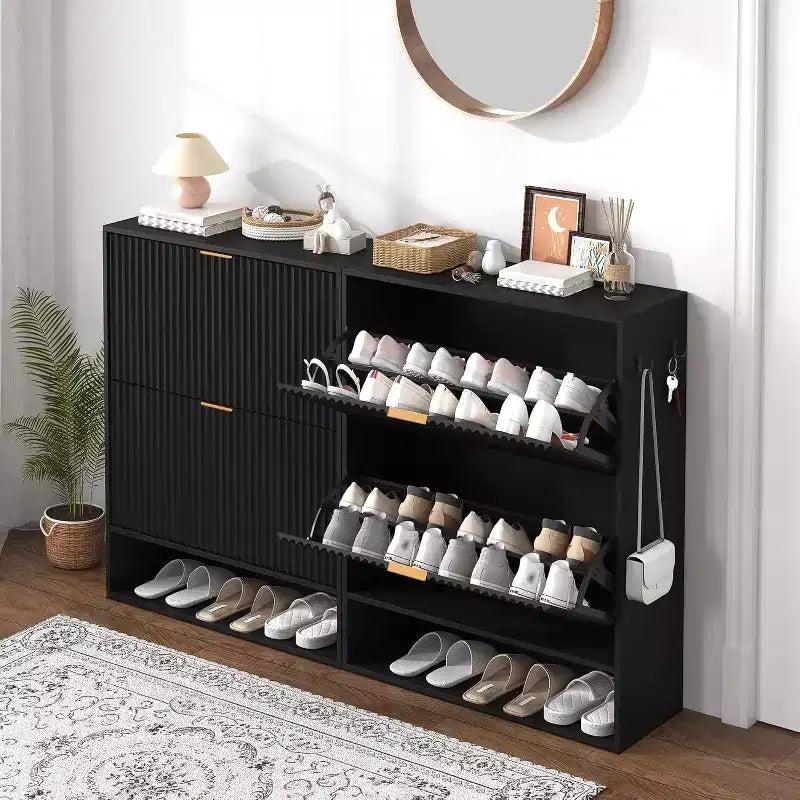 Acekool Slim Mid-Century Modern Shoe Cabinet, Flip Drawer Entryway Organizer with Adjustable Dividers and Hooks
