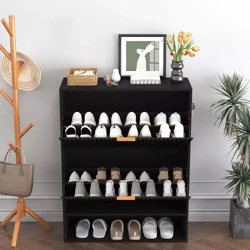 Acekool Slim Mid-Century Modern Shoe Cabinet, Flip Drawer Entryway Organizer with Adjustable Dividers and Hooks