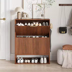 Acekool Slim Mid-Century Modern Shoe Cabinet, Flip Drawer Entryway Organizer with Adjustable Dividers and Hooks