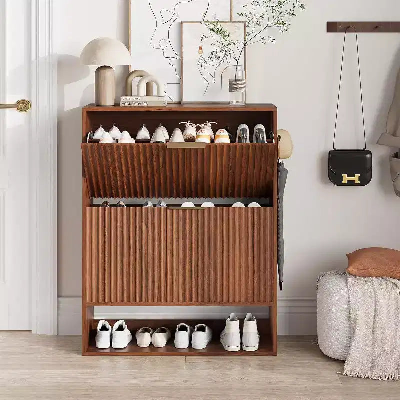 Acekool Slim Mid-Century Modern Shoe Cabinet, Flip Drawer Entryway Organizer with Adjustable Dividers and Hooks