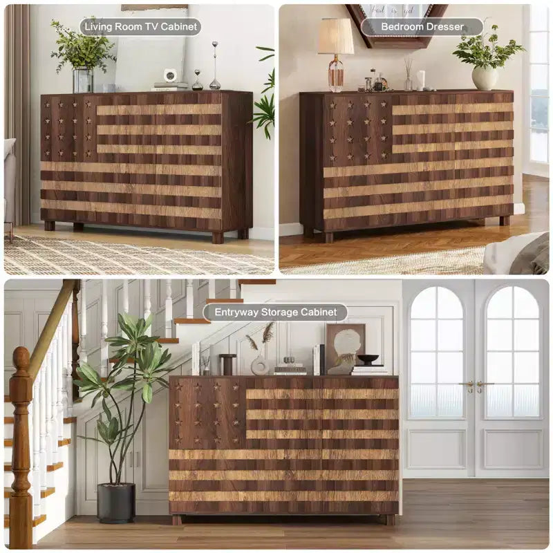 Buffet bahut, 55 po, sculpté à la main, 2 tiroirs et 3 portes, étagères réglables, rangement de cuisine multifonctionnel et console de bar à café