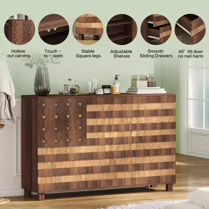 Buffet bahut, 55 po, sculpté à la main, 2 tiroirs et 3 portes, étagères réglables, rangement de cuisine multifonctionnel et console de bar à café