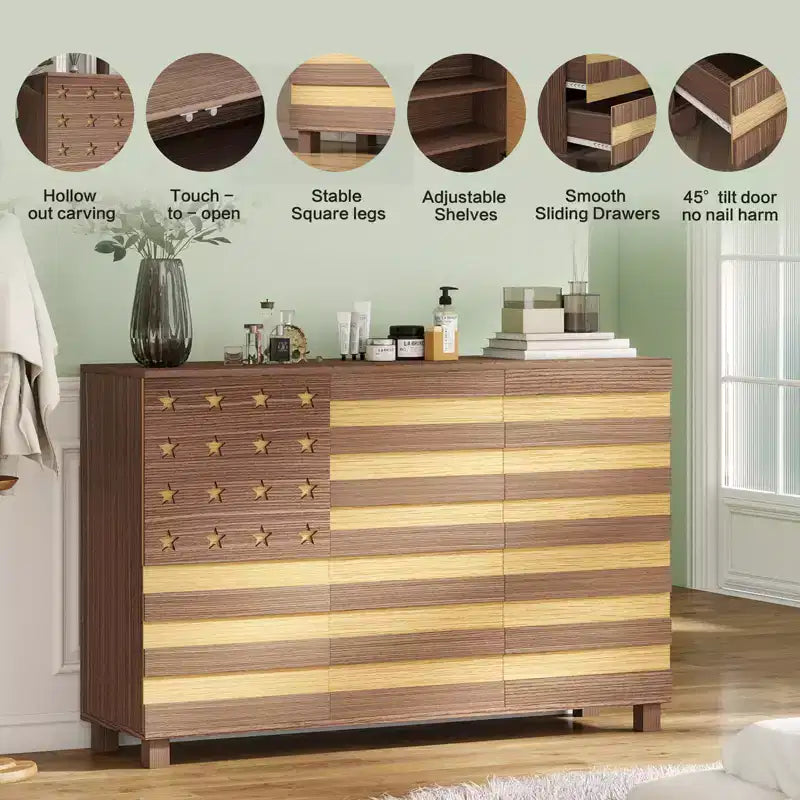 Buffet bahut, 55 po, sculpté à la main, 2 tiroirs et 3 portes, étagères réglables, rangement de cuisine multifonctionnel et console de bar à café
