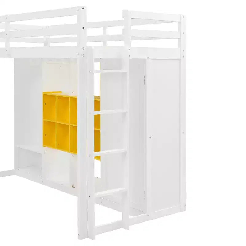 GDFStudio Donahue Wood Loft Bed with Wardrobe, shelves and Cabinet