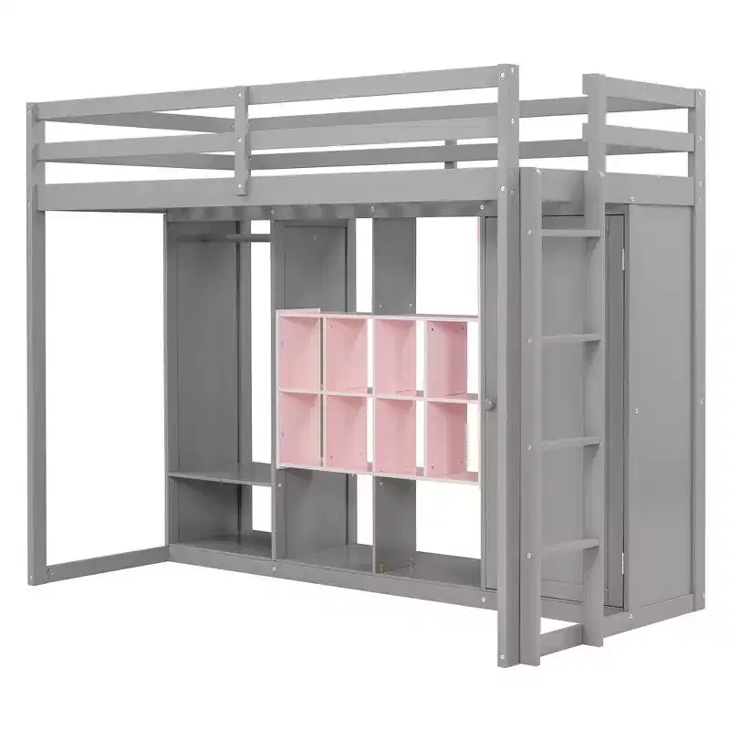 GDFStudio Donahue Wood Loft Bed with Wardrobe, shelves and Cabinet