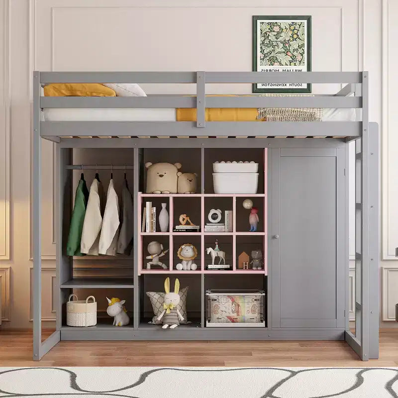 GDFStudio Donahue Wood Loft Bed with Wardrobe, shelves and Cabinet
