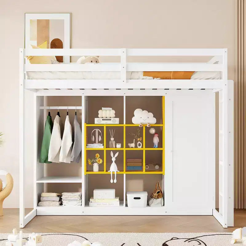 GDFStudio Donahue Wood Loft Bed with Wardrobe, shelves and Cabinet