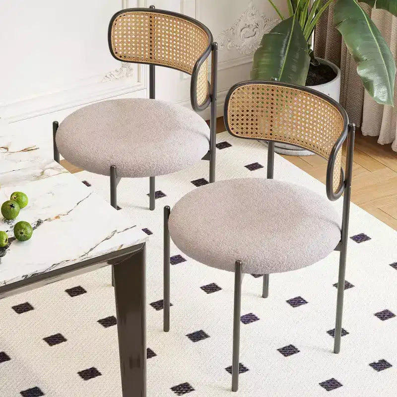 MAYEERTY Modern Upholstered Dining Chairs Set of 2 with Metal Legs Rattan Back Dining Room Chairs for Kitchen Gray