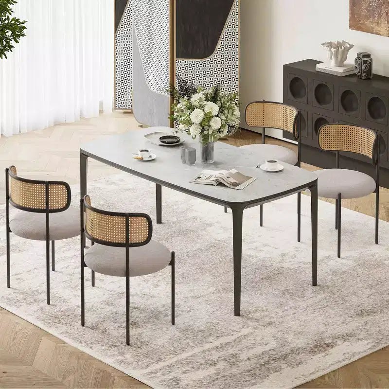 MAYEERTY Modern Upholstered Dining Chairs Set of 2 with Metal Legs Rattan Back Dining Room Chairs for Kitchen Gray