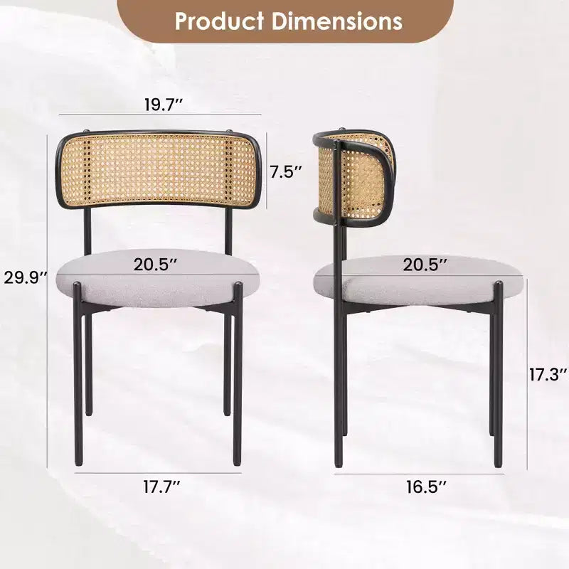MAYEERTY Modern Upholstered Dining Chairs Set of 2 with Metal Legs Rattan Back Dining Room Chairs for Kitchen Gray