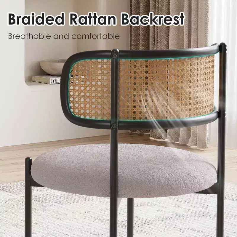 MAYEERTY Modern Upholstered Dining Chairs Set of 2 with Metal Legs Rattan Back Dining Room Chairs for Kitchen Gray