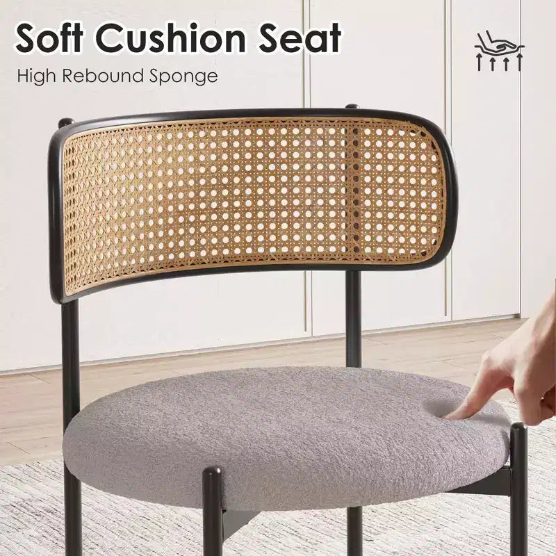 MAYEERTY Modern Upholstered Dining Chairs Set of 2 with Metal Legs Rattan Back Dining Room Chairs for Kitchen Gray