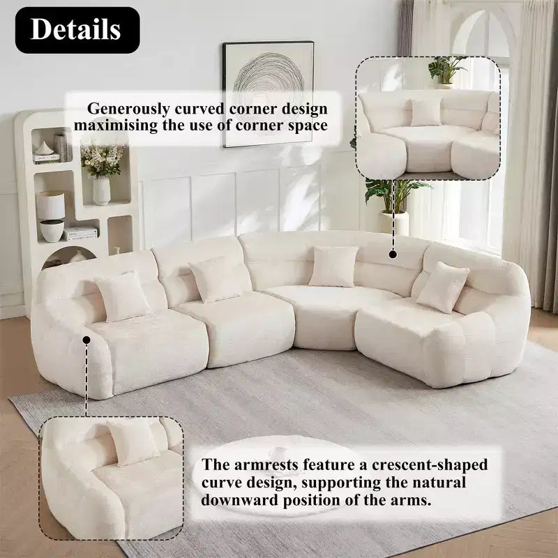 Clihome 123.2 Chenille Cloud Sectional Sofa, Modern Luxury Curved Sofa with 4 Pillows