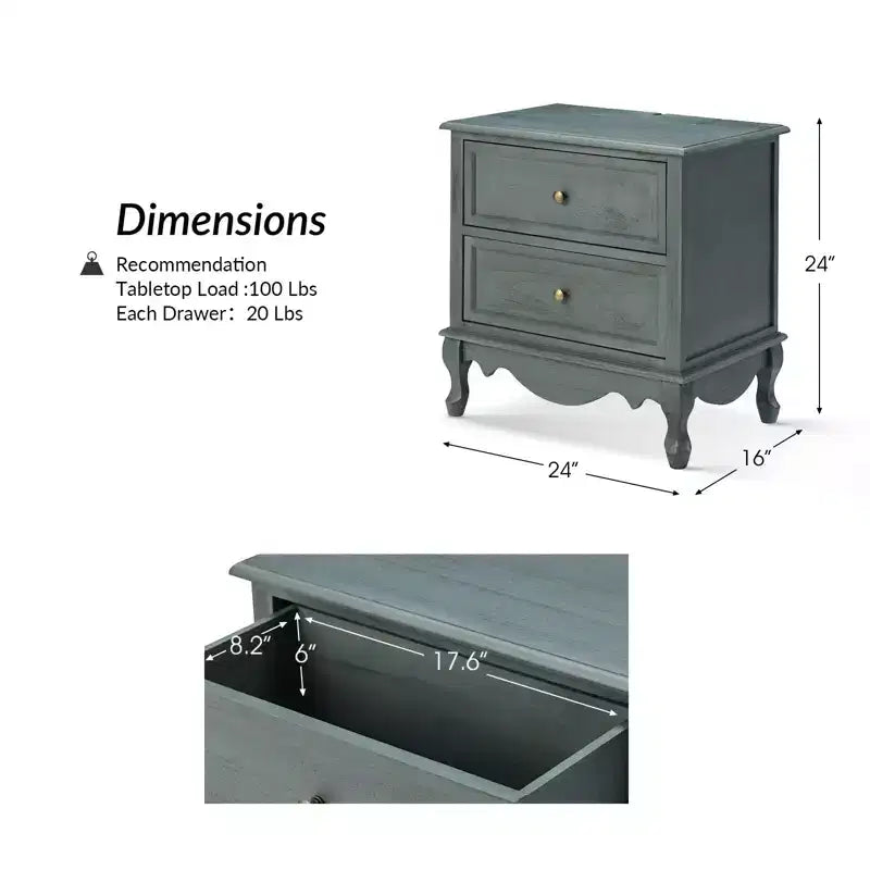 Table d'appoint Fallah 24 po de hauteur à 2 tiroirs avec station de charge | KARAT HOME-BLEU