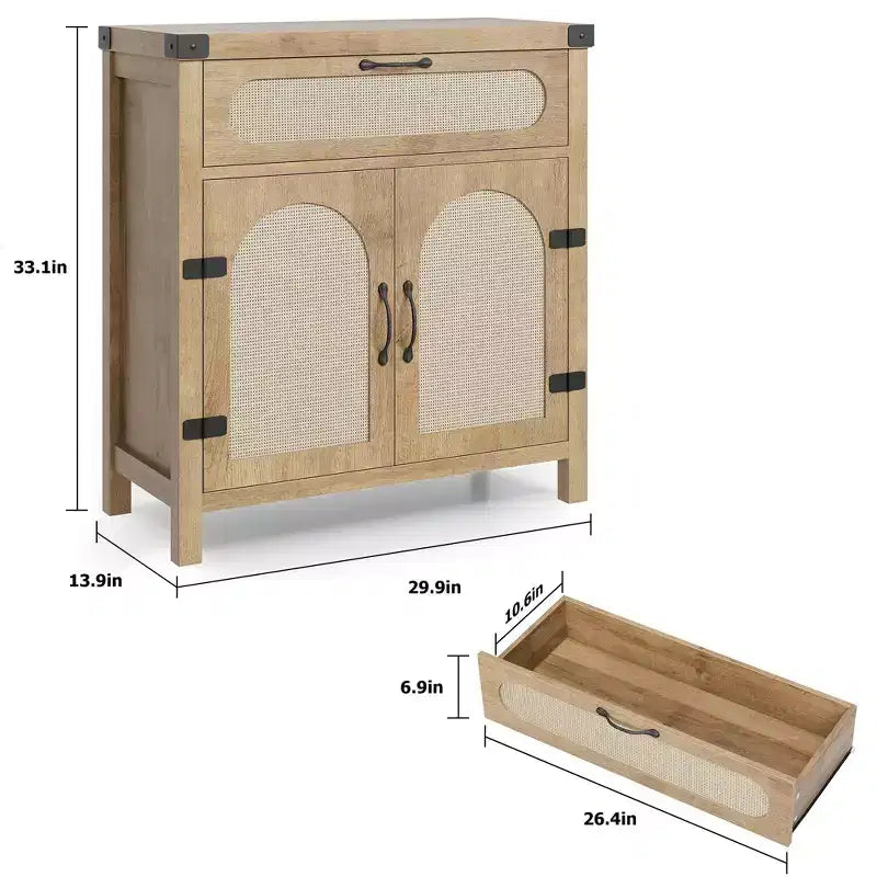 Buffet de ferme en rotin avec tiroir – Meuble de rangement et bar à café en bois de style bohème pour cuisine, salle à manger et couloir de salon