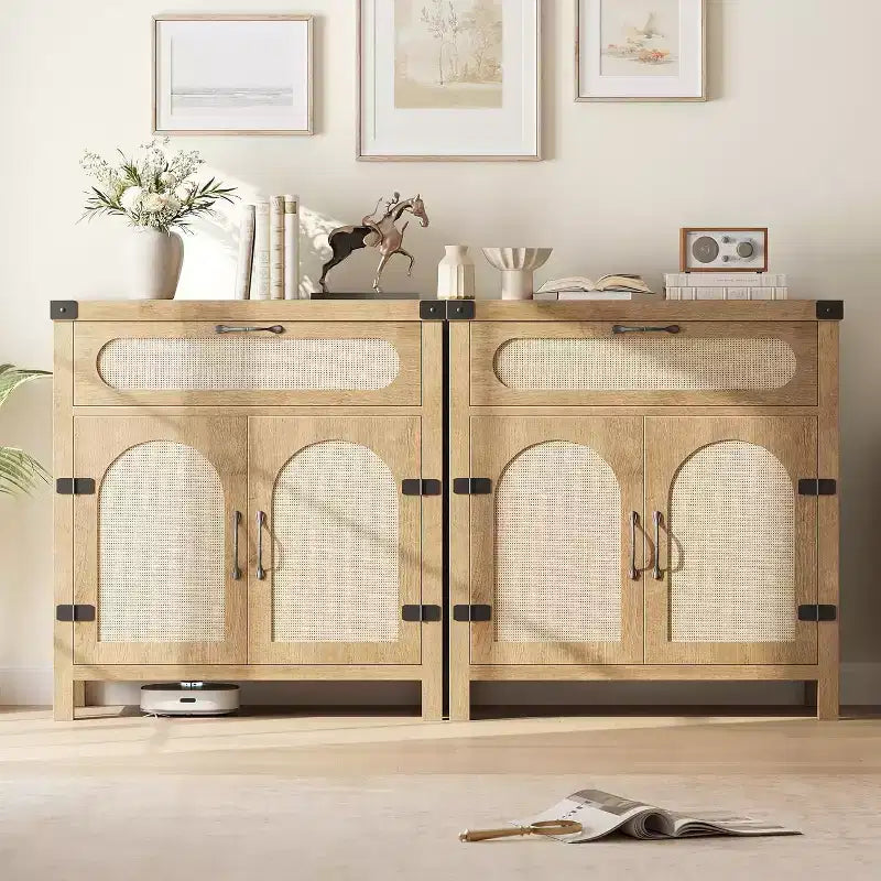 Buffet de ferme en rotin avec tiroir – Meuble de rangement et bar à café en bois de style bohème pour cuisine, salle à manger et couloir de salon