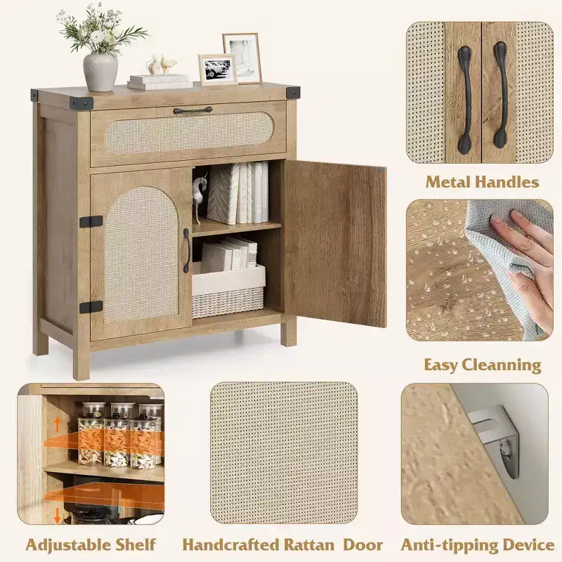 Buffet de ferme en rotin avec tiroir – Meuble de rangement et bar à café en bois de style bohème pour cuisine, salle à manger et couloir de salon