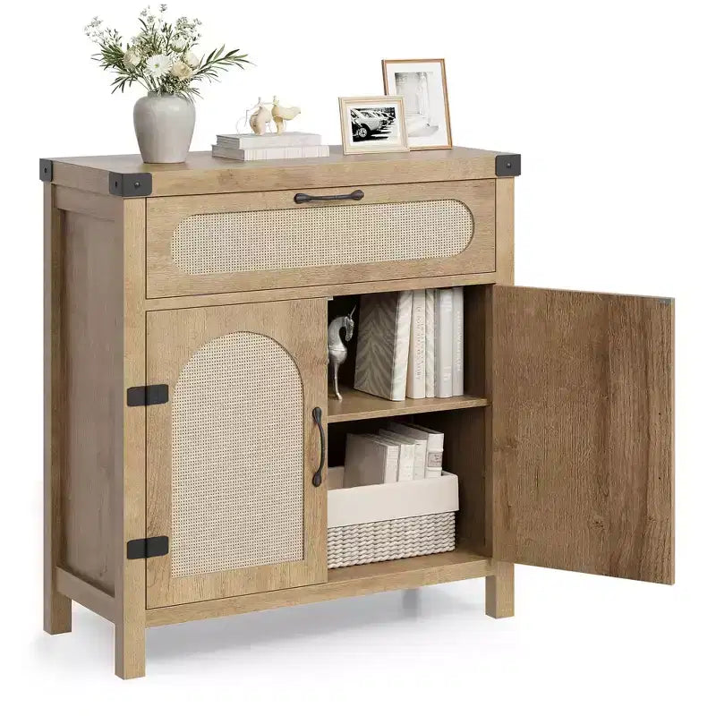 Buffet de ferme en rotin avec tiroir – Meuble de rangement et bar à café en bois de style bohème pour cuisine, salle à manger et couloir de salon