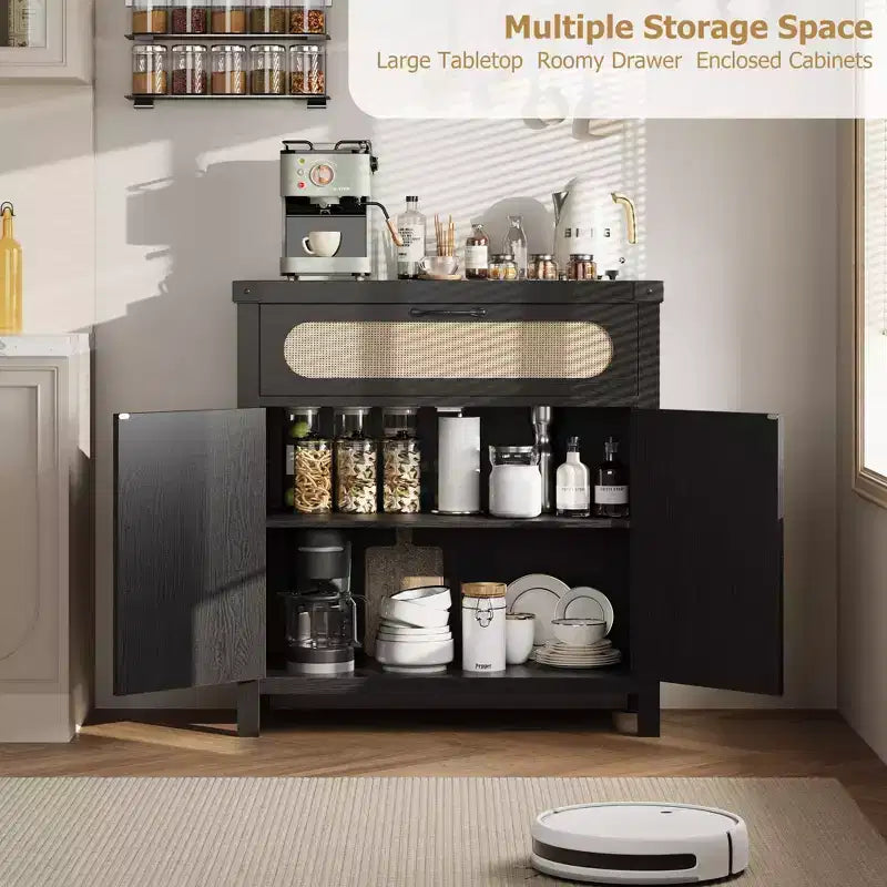 Buffet de ferme en rotin avec tiroir – Meuble de rangement et bar à café en bois de style bohème pour cuisine, salle à manger et couloir de salon