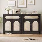 Buffet de ferme en rotin avec tiroir – Meuble de rangement et bar à café en bois de style bohème pour cuisine, salle à manger et couloir de salon