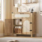 Buffet de ferme en rotin avec tiroir – Meuble de rangement et bar à café en bois de style bohème pour cuisine, salle à manger et couloir de salon