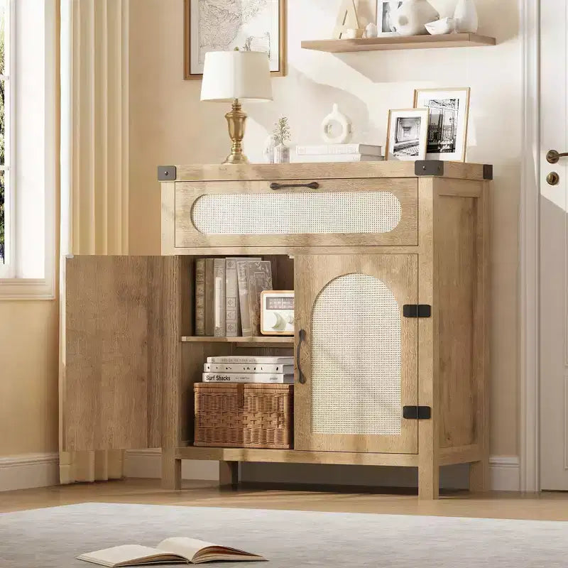 Buffet de ferme en rotin avec tiroir – Meuble de rangement et bar à café en bois de style bohème pour cuisine, salle à manger et couloir de salon
