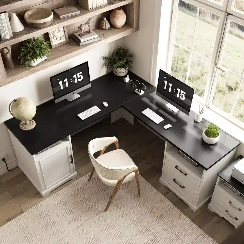 Besiost Bureau d'angle en L avec station de recharge, Bureau d'angle avec classeur