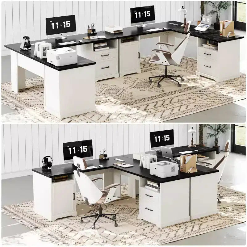 Besiost Bureau d'angle en L avec station de recharge, Bureau d'angle avec classeur