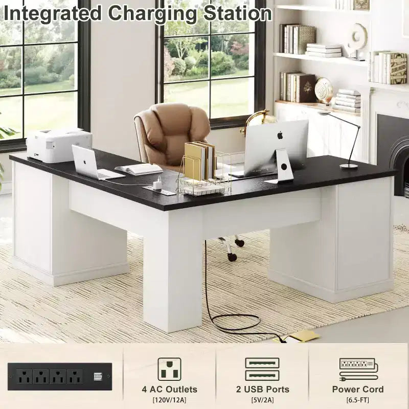 Besiost Bureau d'angle en L avec station de recharge, Bureau d'angle avec classeur