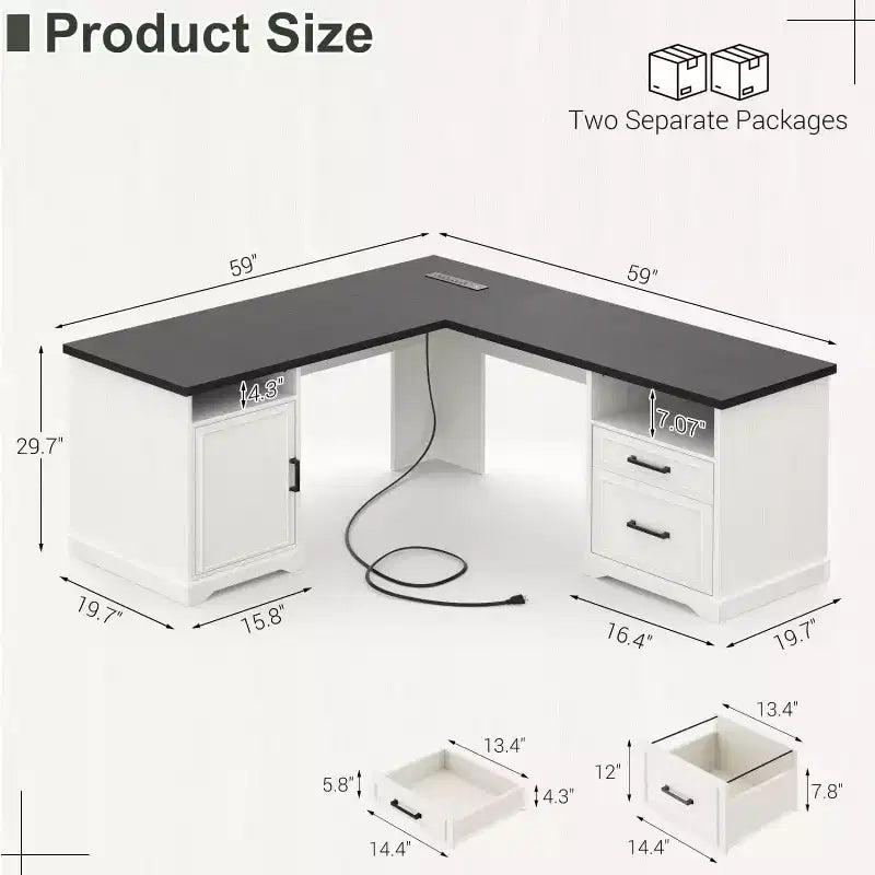 Besiost Bureau d'angle en L avec station de recharge, Bureau d'angle avec classeur