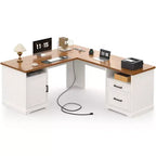 Besiost Bureau d'angle en L avec station de recharge, Bureau d'angle avec classeur