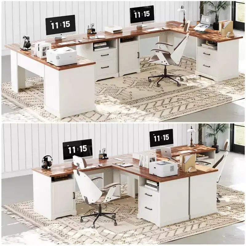 Besiost Bureau d'angle en L avec station de recharge, Bureau d'angle avec classeur