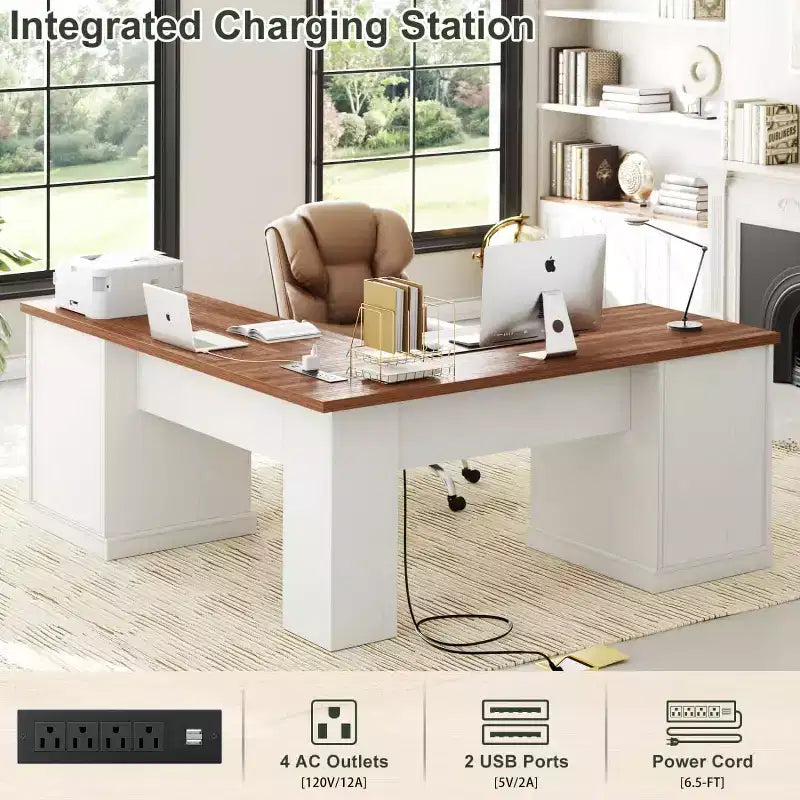 Besiost Bureau d'angle en L avec station de recharge, Bureau d'angle avec classeur